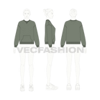 Womens crew neck drop shoulder sweatshirt flat sketch, croqui sketch