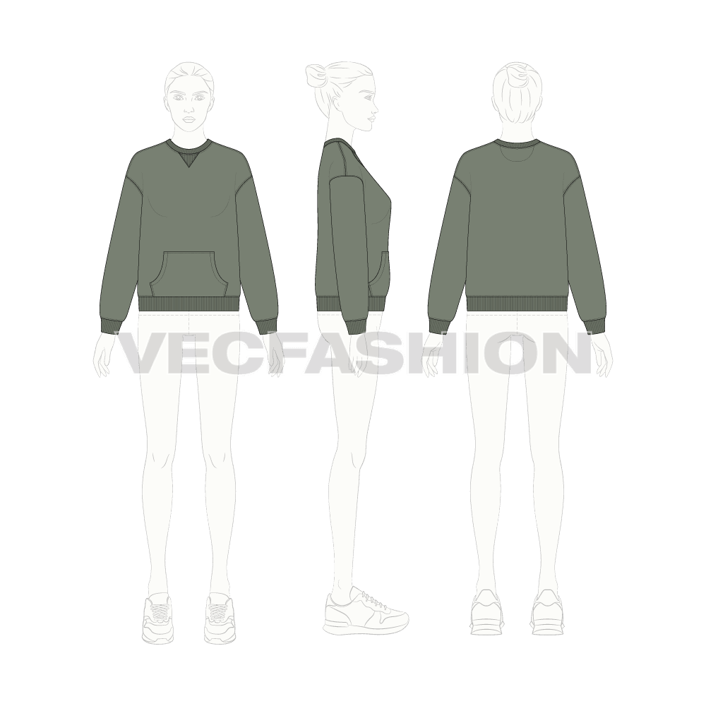 Womens crew neck drop shoulder sweatshirt flat sketch, croqui sketch