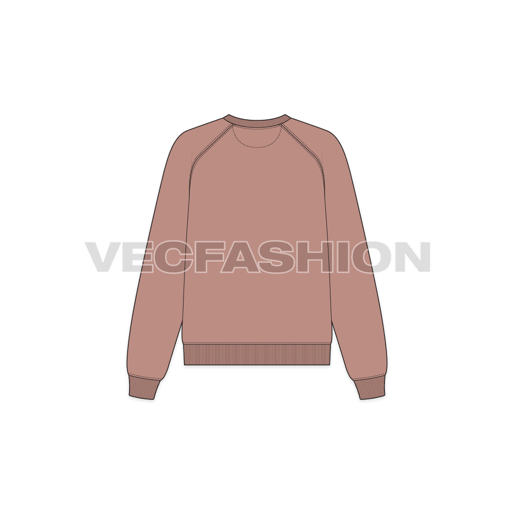 Womens crew neck raglan sleeve sweatshirt flat sketch, back view