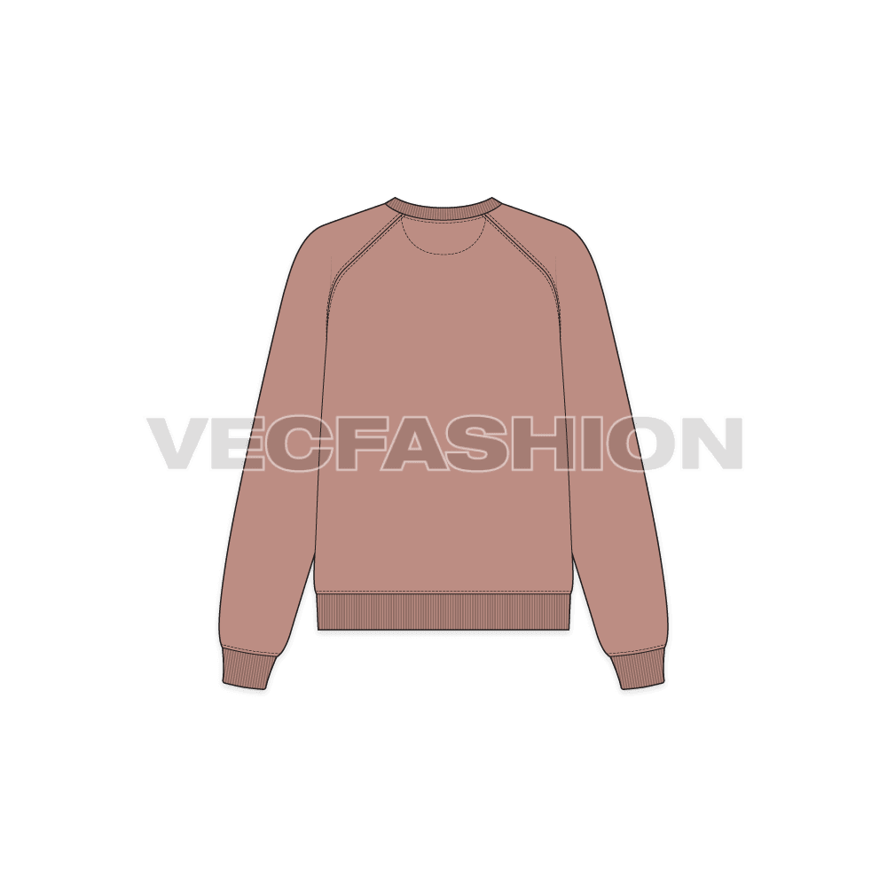 A vector illustrator sketch template of Women's Crew Neck Raglan Sleeve Sweatshirt. It is illustrated with Front, Side and Back view. It has rib on neck, sleeve cuffs and bottom hem.