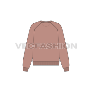 A vector illustrator sketch template of Women's Crew Neck Raglan Sleeve Sweatshirt. It is illustrated with Front, Side and Back view. It has rib on neck, sleeve cuffs and bottom hem.