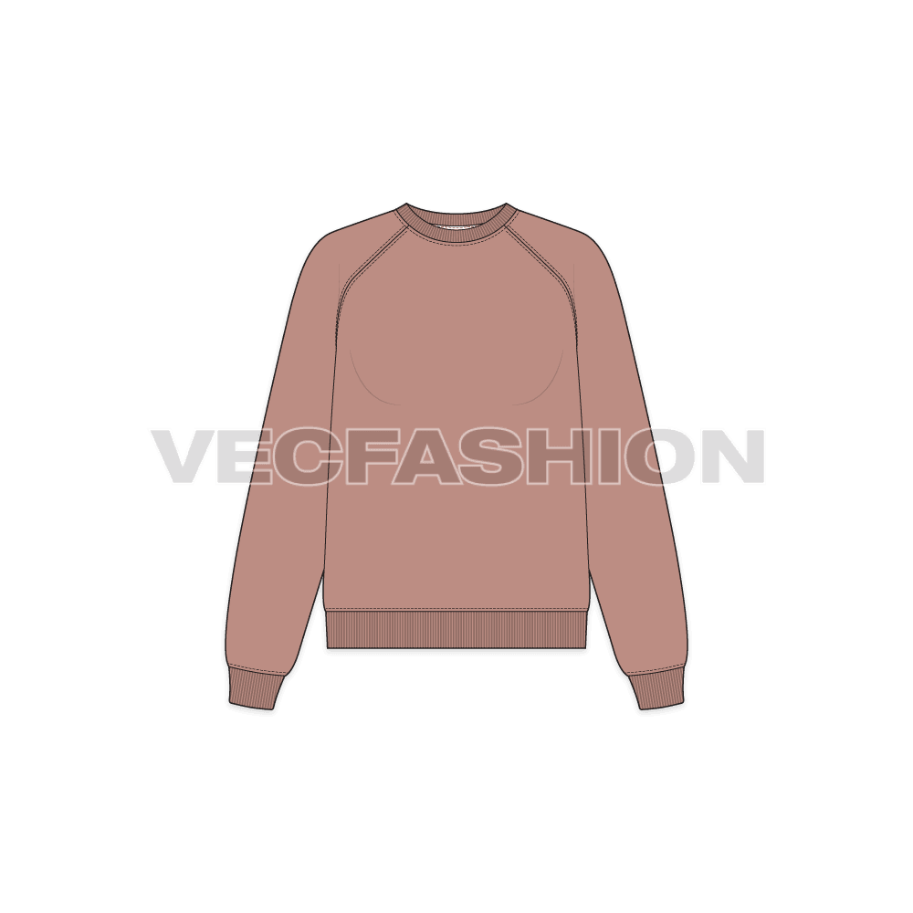 Womens crew neck raglan sleeve sweatshirt flat sketch, front view