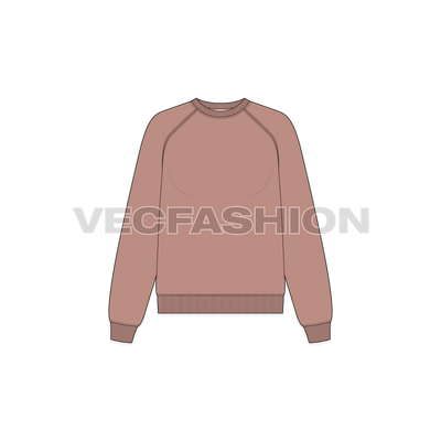 A vector illustrator sketch template of Women's Crew Neck Raglan Sleeve Sweatshirt. It is illustrated with Front, Side and Back view. It has rib on neck, sleeve cuffs and bottom hem.