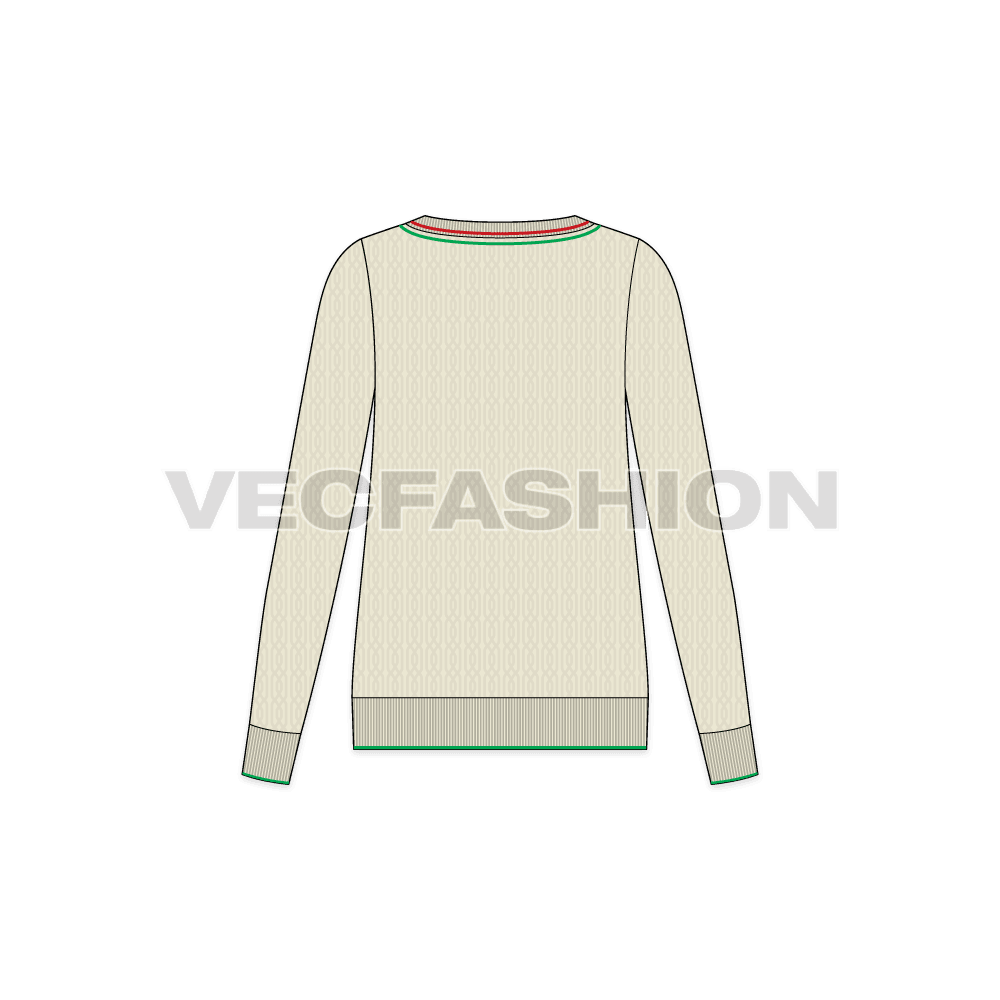 Womens cricket sweater flat sketch, back view