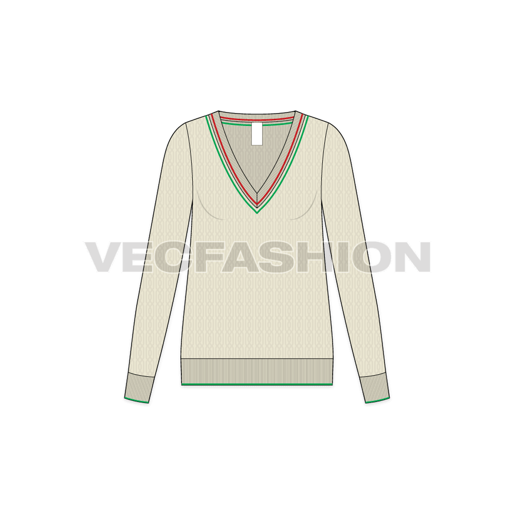 Womens cricket sweater flat sketch, front view