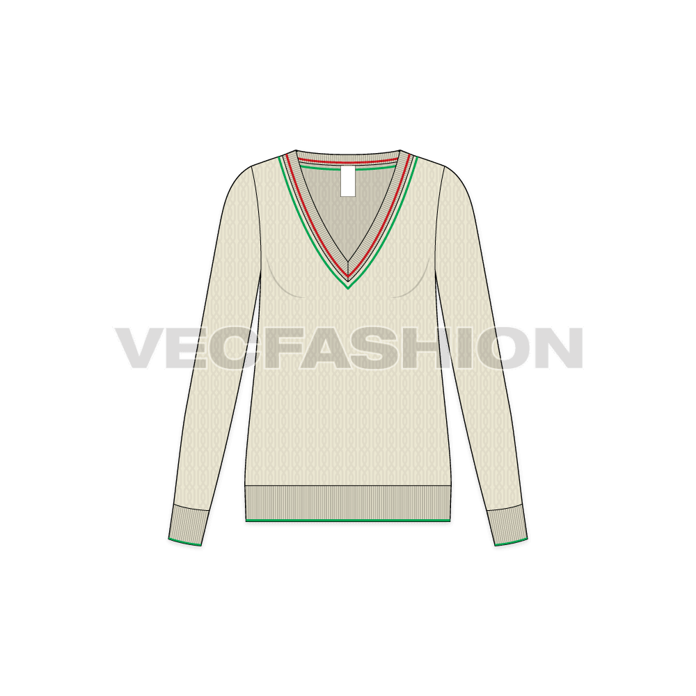 A vector template for Women's Cricket Sweater in Natural color. It is added with all details like Crisscross Cable Knitting pattern, thick rib at neck and hem.