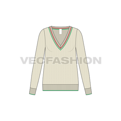 A vector template for Women's Cricket Sweater in Natural color. It is added with all details like Crisscross Cable Knitting pattern, thick rib at neck and hem.