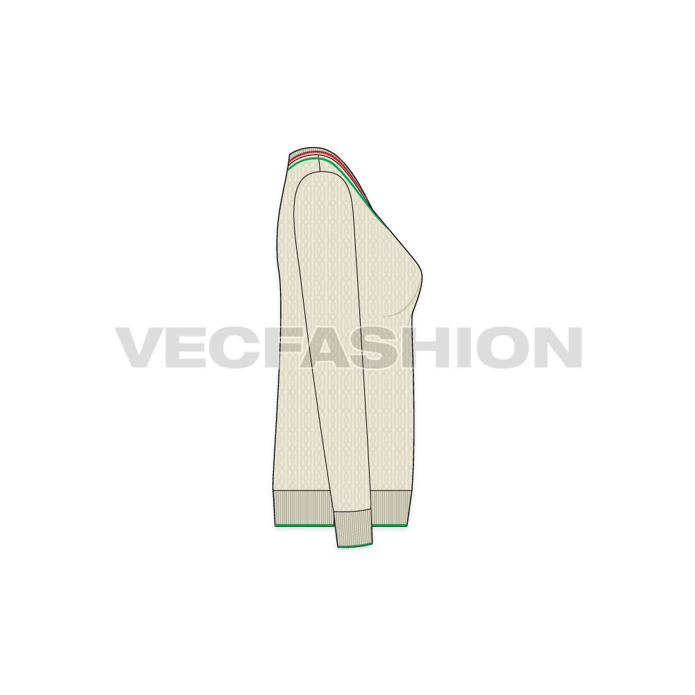Womens cricket sweater flat sketch, side view