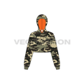 Womens crop camo hoodie flat sketch, front view