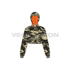 Womens crop camo hoodie flat sketch, front view