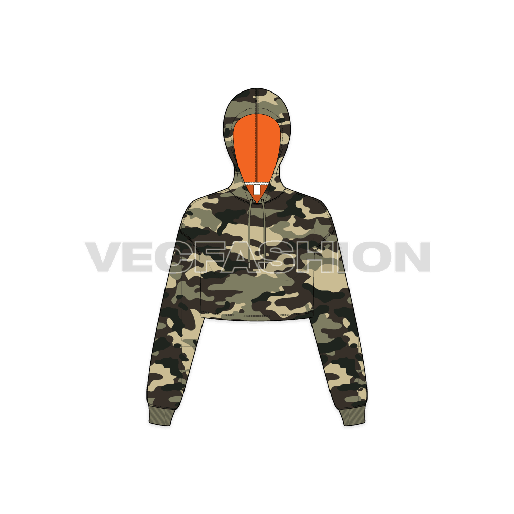 Womens crop camo hoodie flat sketch, front view