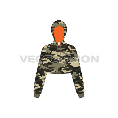 A new vector illustrator template of Womens Crop Camo Hoodie. It has a camo print all over it with contrast colored lining in orange color. 