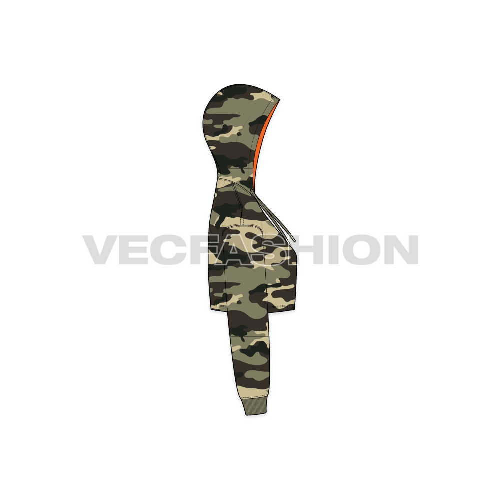 Womens crop camo hoodie flat sketch, side view