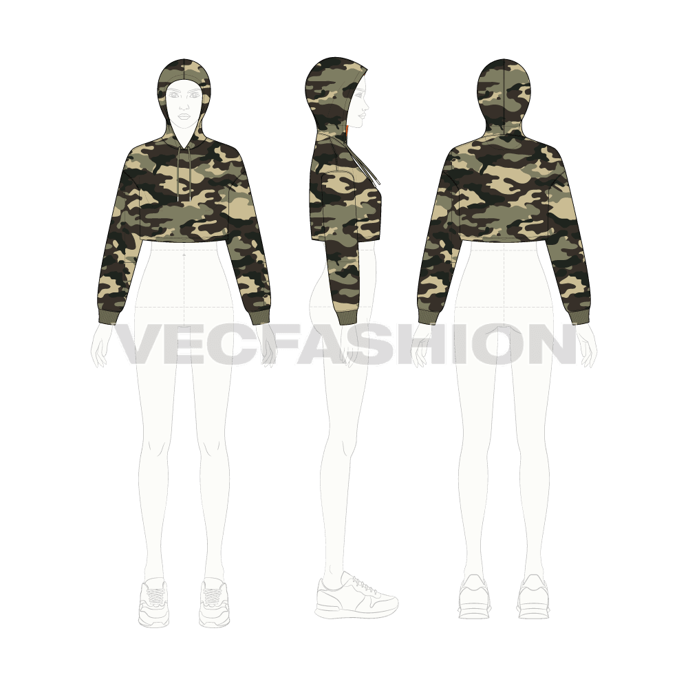 Womens crop camo hoodie flat sketch, croqui sketch