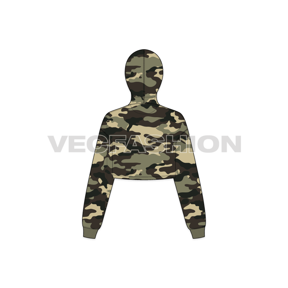 Womens crop camo hoodie flat sketch, back view