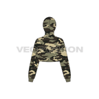 Womens crop camo hoodie flat sketch, back view