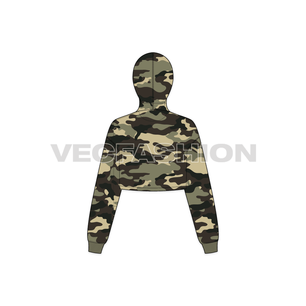 A new vector illustrator template of Womens Crop Camo Hoodie. It has a camo print all over it with contrast colored lining in orange color. 