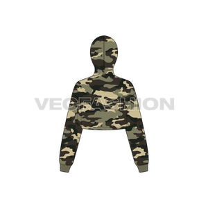 A new vector illustrator template of Womens Crop Camo Hoodie. It has a camo print all over it with contrast colored lining in orange color. 