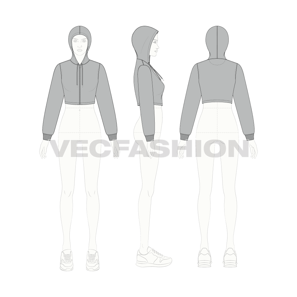 Womens crop front open hoodie flat sketch, croqui sketch