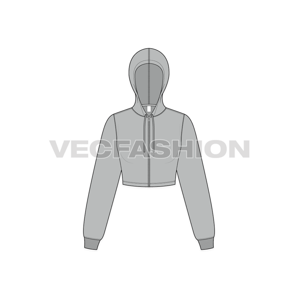 Womens crop front open hoodie flat sketch, front view