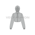 Womens crop front open hoodie flat sketch, front view
