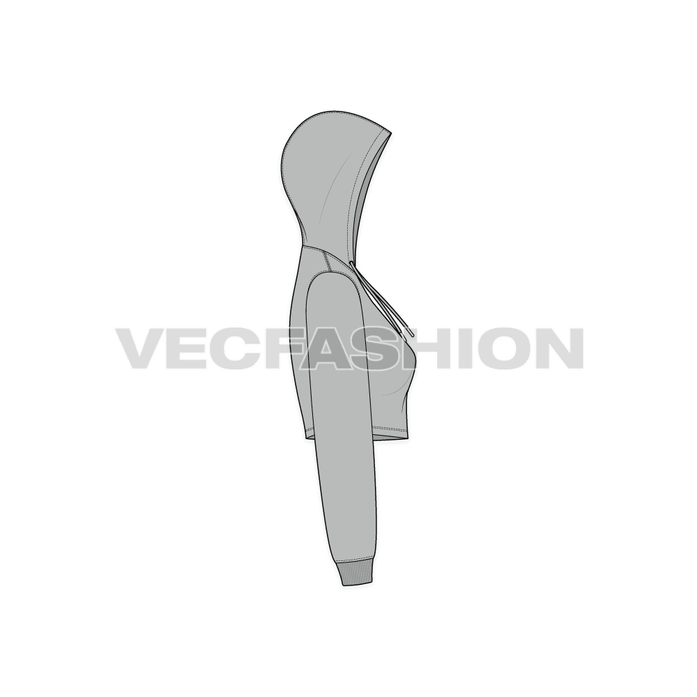 Womens crop front open hoodie flat sketch, side view