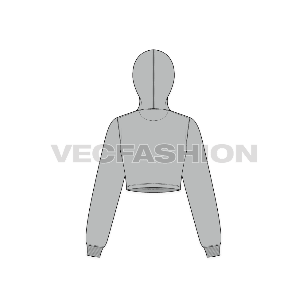 Womens crop front open hoodie flat sketch, back view