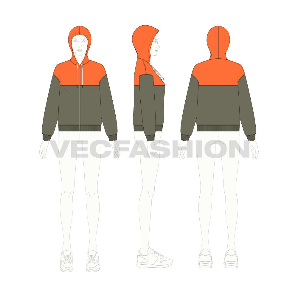 Womens crop hoodie, contrast yoke flat sketch, croqui sketch
