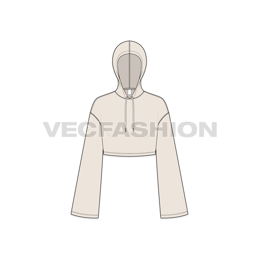 Womens crop hoodie, stone flat sketch, front view