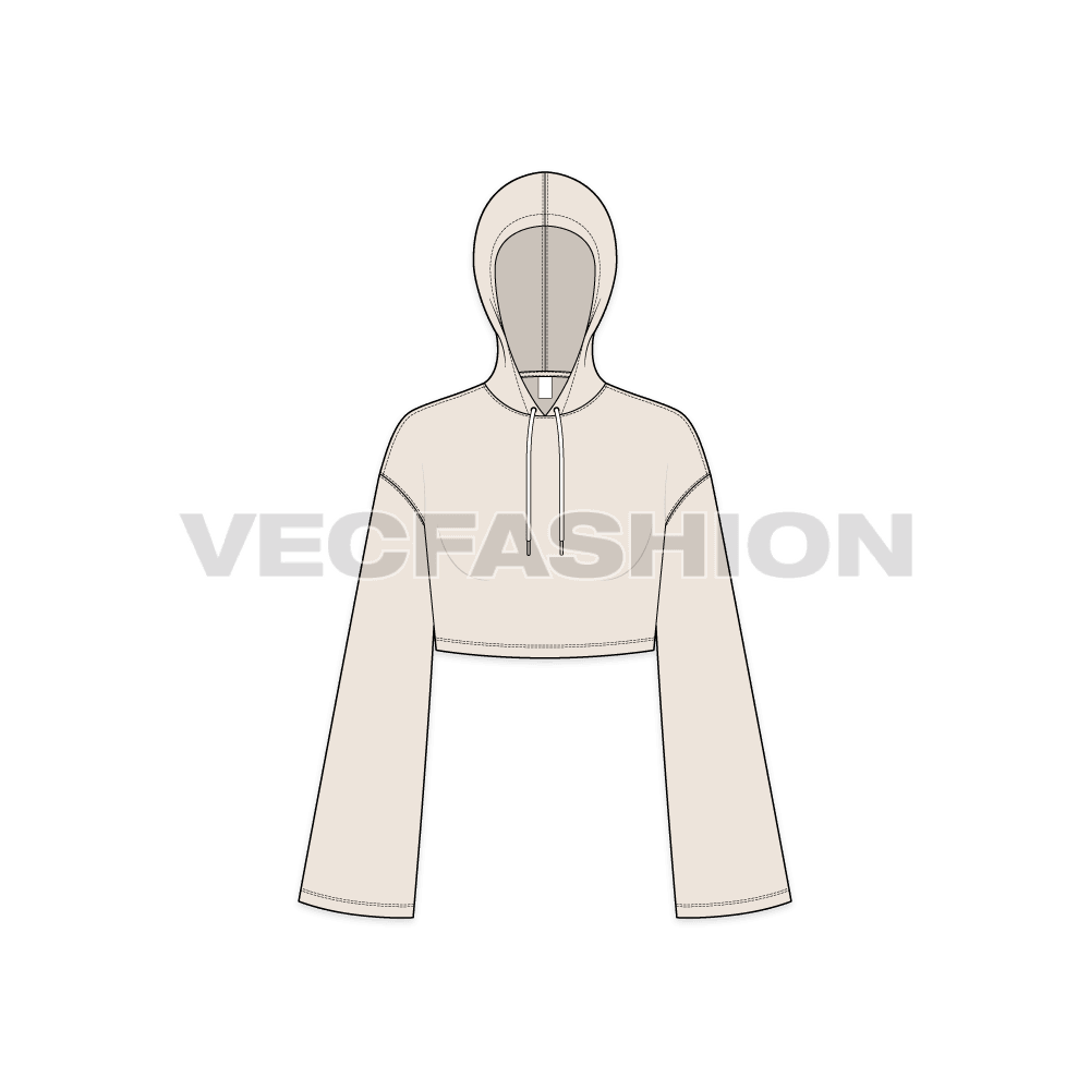 A new vector illustrator template of Women's Crop Hoodie. It is colored in stone, with full length sleeves wider at hem. 