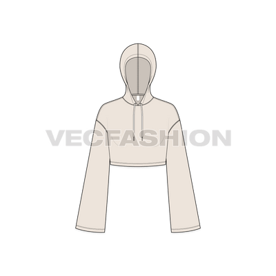 A new vector illustrator template of Women's Crop Hoodie. It is colored in stone, with full length sleeves wider at hem. 