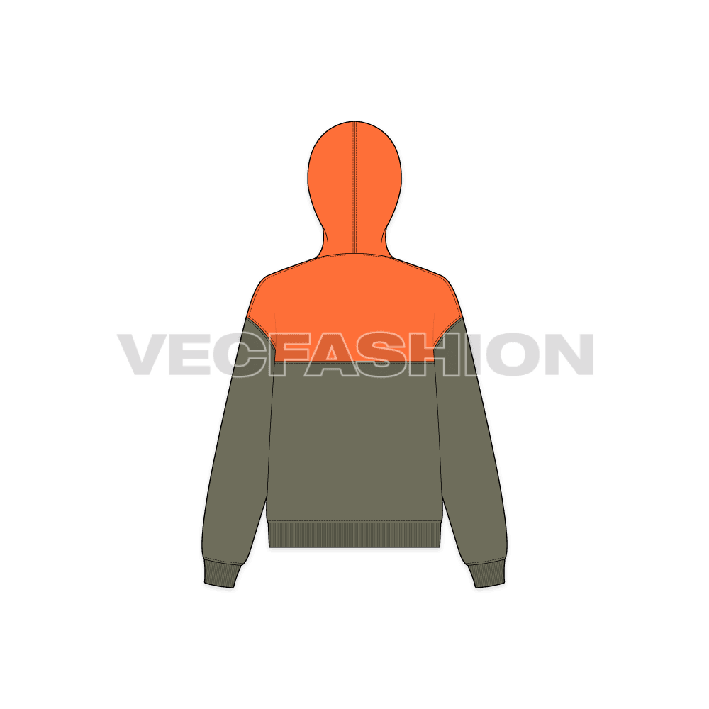 Womens crop hoodie, contrast yoke flat sketch, back view