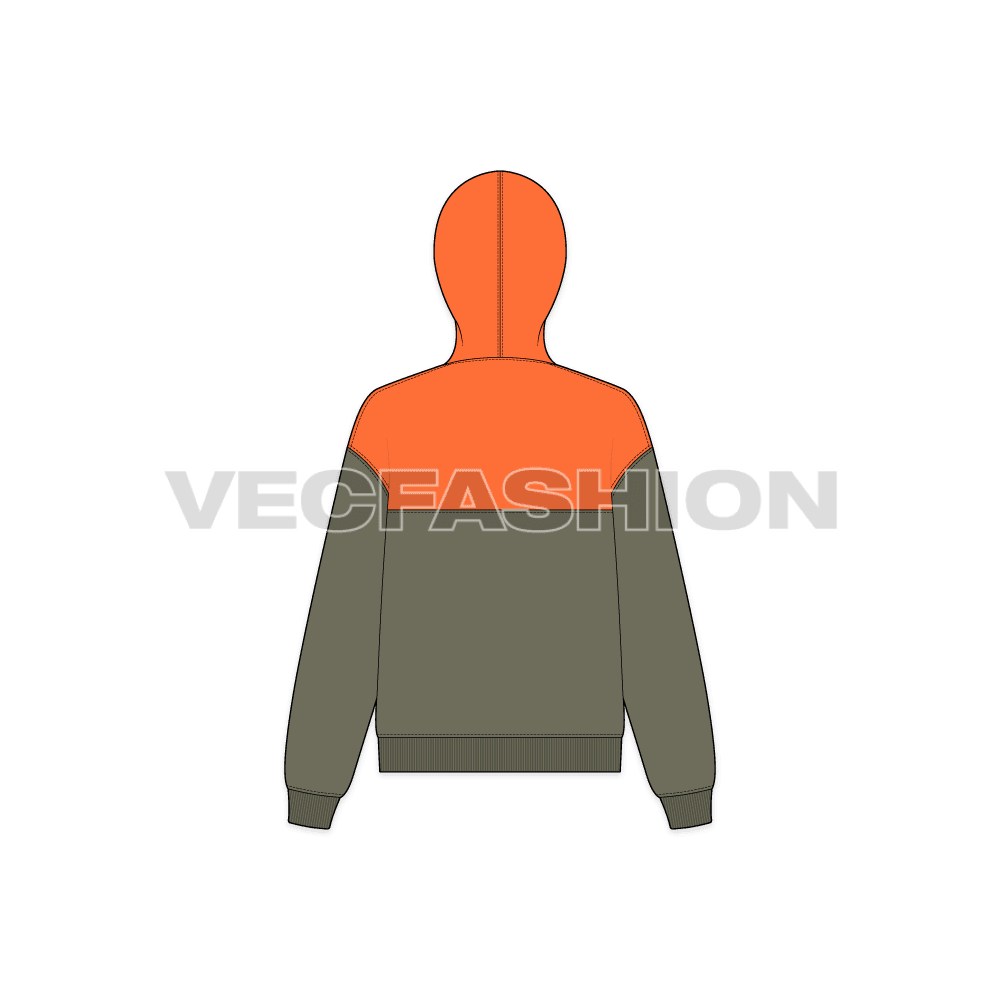 A vector illustrator sketch template of Women's Crop Hoodie. It has a contrast colored yoke with matching hoodie. The lower body and sleeves are in red color. 