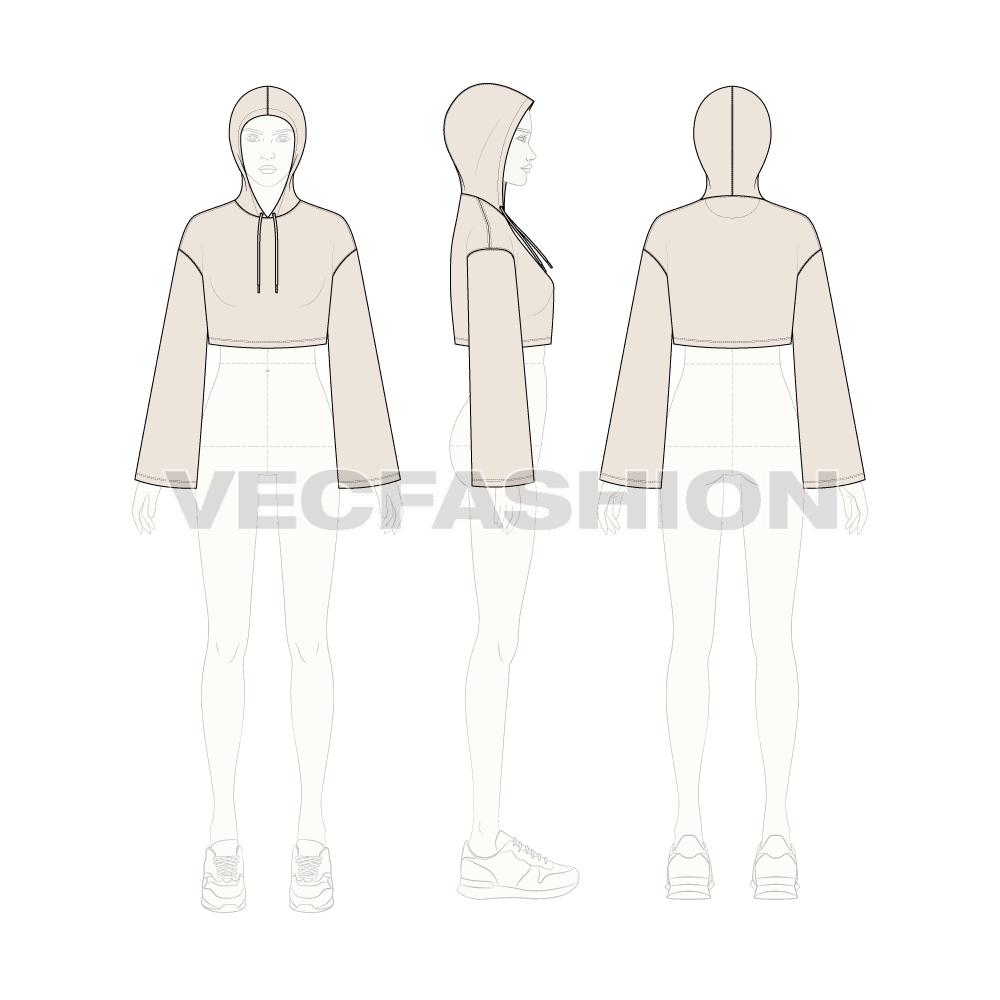 Womens crop hoodie, stone flat sketch, croqui sketch