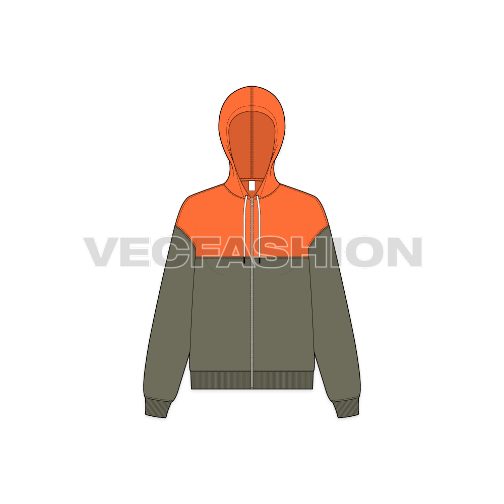 Womens crop hoodie, contrast yoke flat sketch, front view