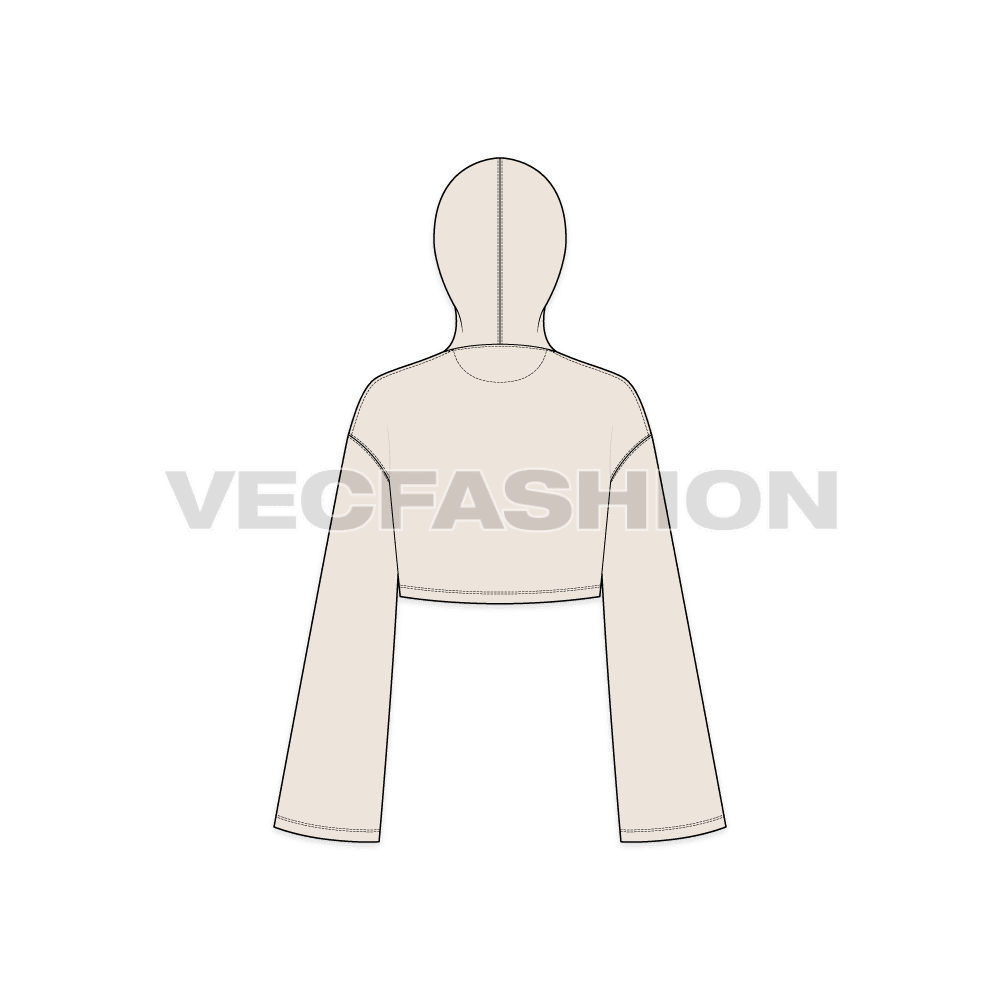 Womens crop hoodie, stone flat sketch, back view