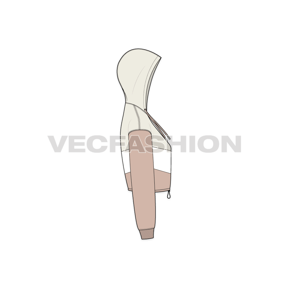 Womens crop hoodie cross panels flat sketch, side view