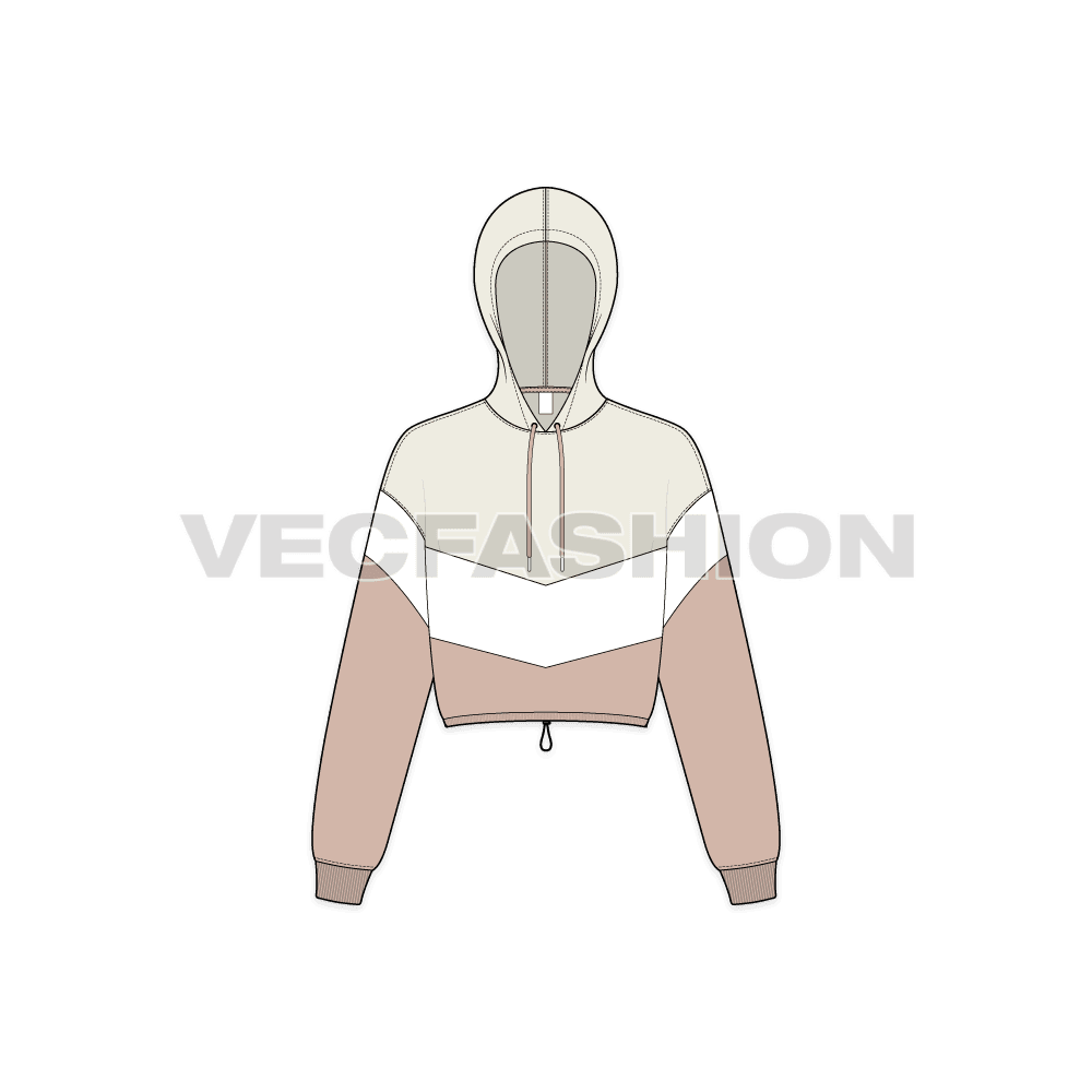 Womens crop hoodie cross panels flat sketch, front view