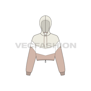 A new vector illustrator template of Women's Crop Hoodie Cross Panels. It is rendered in three colors with cross v shape panels on front and back matching with sleeves. There is an adjustable string with stopper at the hem to add more style.