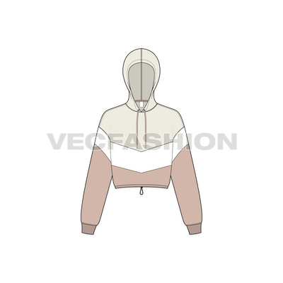 A new vector illustrator template of Women's Crop Hoodie Cross Panels. It is rendered in three colors with cross v shape panels on front and back matching with sleeves. There is an adjustable string with stopper at the hem to add more style.