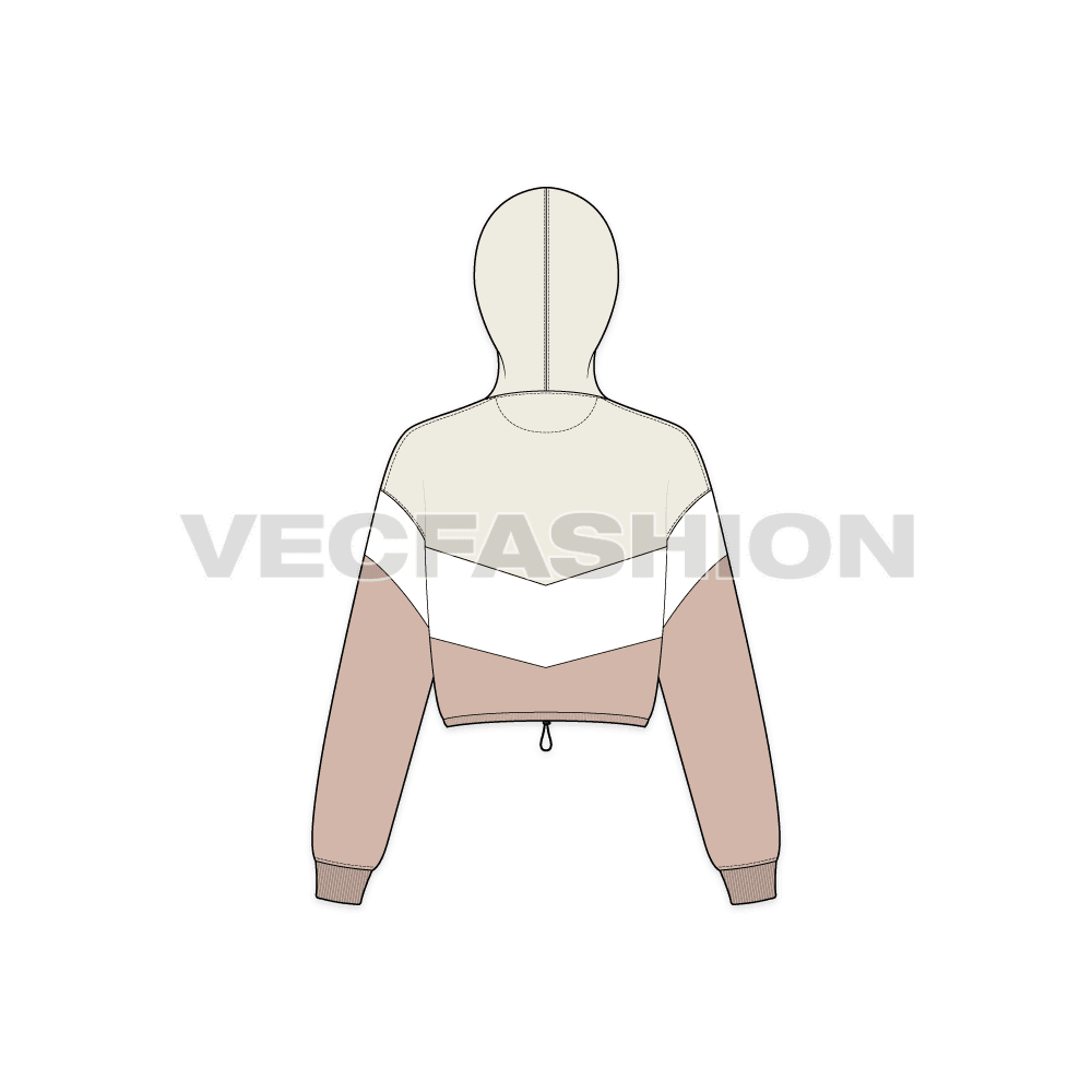 Womens crop hoodie cross panels flat sketch, back view