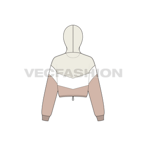 A new vector illustrator template of Women's Crop Hoodie Cross Panels. It is rendered in three colors with cross v shape panels on front and back matching with sleeves. There is an adjustable string with stopper at the hem to add more style.