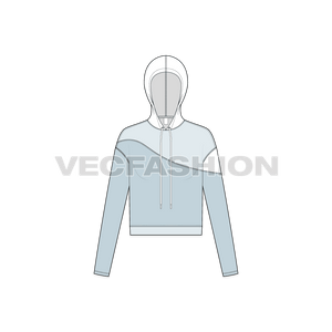 A Women's Crop Hoodie Fashion Sketch Template. It has a cross panel on top part with contrast colored hoodie matching with the top panel. The drawstrings and waistband have branded text on it. 