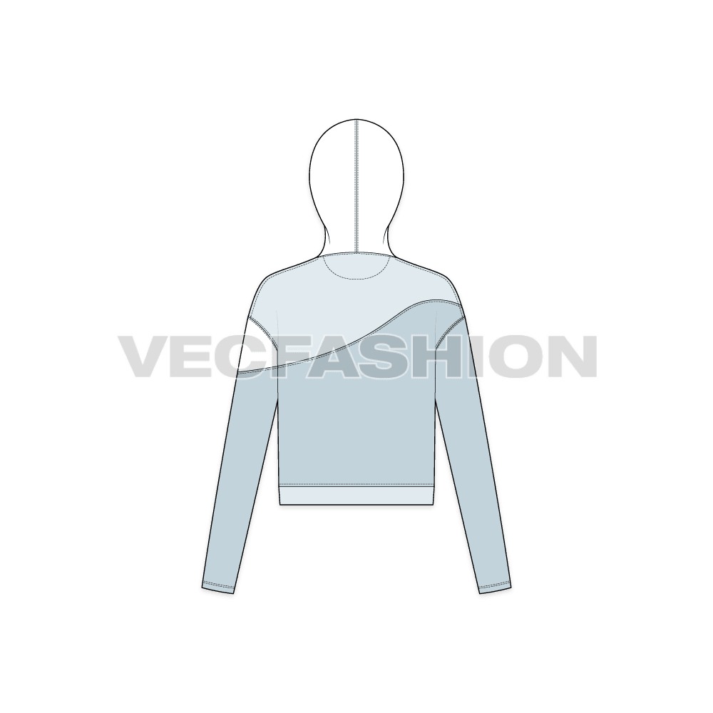 A Women's Crop Hoodie Fashion Sketch Template. It has a cross panel on top part with contrast colored hoodie matching with the top panel. The drawstrings and waistband have branded text on it. 
