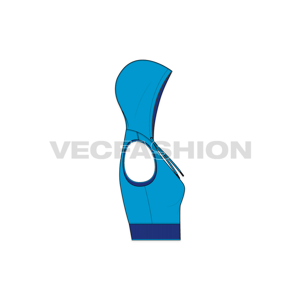 Womens crop hoodie vest flat sketch, side view