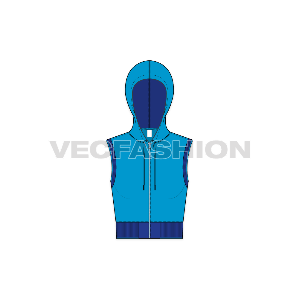 Womens crop hoodie vest flat sketch, front view