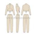 Womens crop jacket sweatsuit flat sketch, showing all views, front, side and back