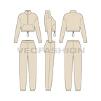 Womens crop jacket sweatsuit flat sketch, showing all views, front, side and back