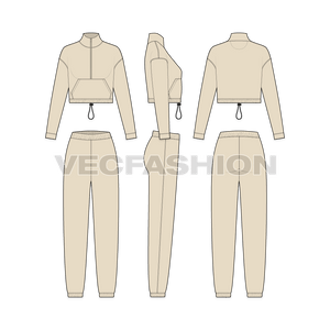 An editable vector template for Women's Crop Jacket Sweatsuit. It has a cropped jacket with knot on waist and a kangaroo pocket. The pants is a lose fit and have elasticated waist band. 
