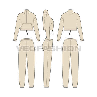 Womens crop jacket sweatsuit flat sketch, showing all views, front, side and back